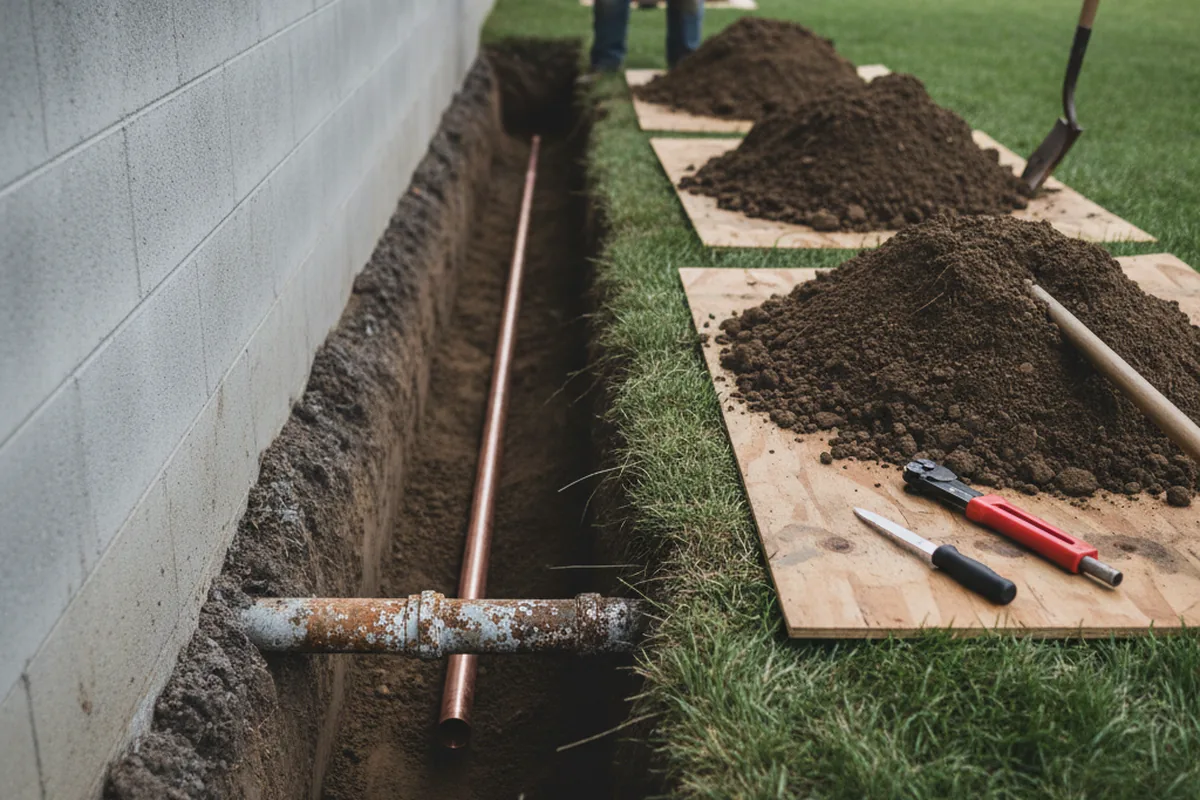 Excavated water line trench during Water Softener Installation in Bapchule